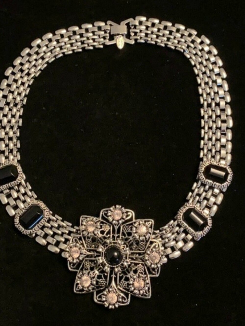 Marlyn Schiff Silver-Tone Filigree Necklace with Black Accents